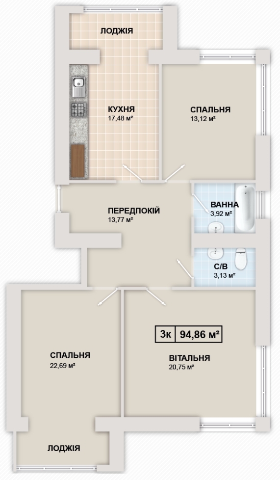 3-кімнатна 94.9 м² в ЖК Містечко Козацьке від 12 300 грн/м², Івано-Франківськ