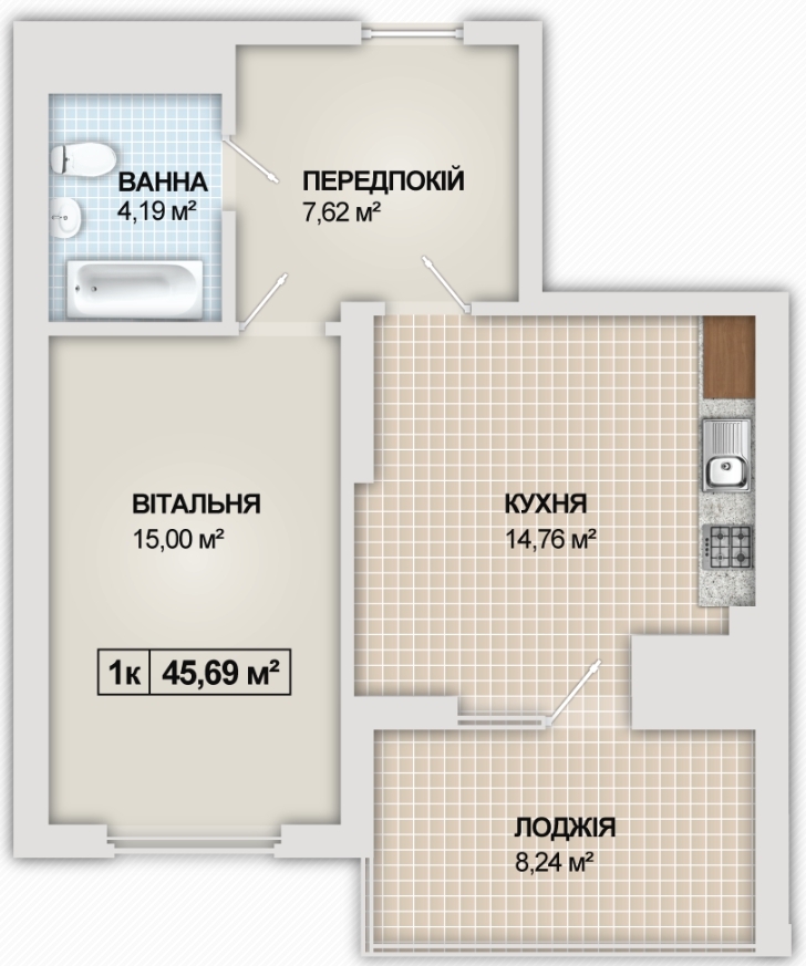 1-комнатная 45.69 м² в ЖК Sonata от 15 800 грн/м², Ивано-Франковск