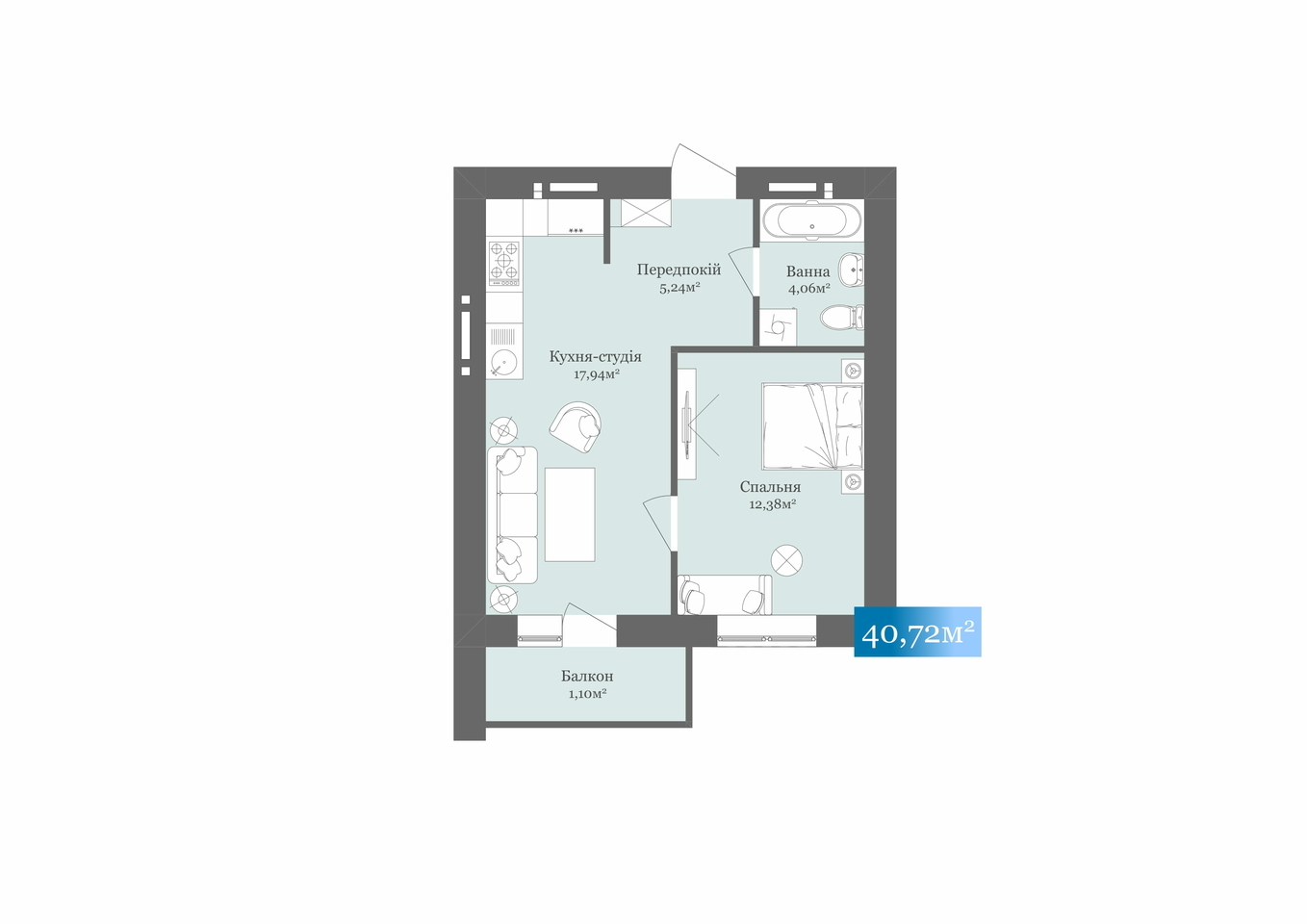 1-кімнатна 40.72 м² в ЖК West Towers від 21 100 грн/м², Ужгород