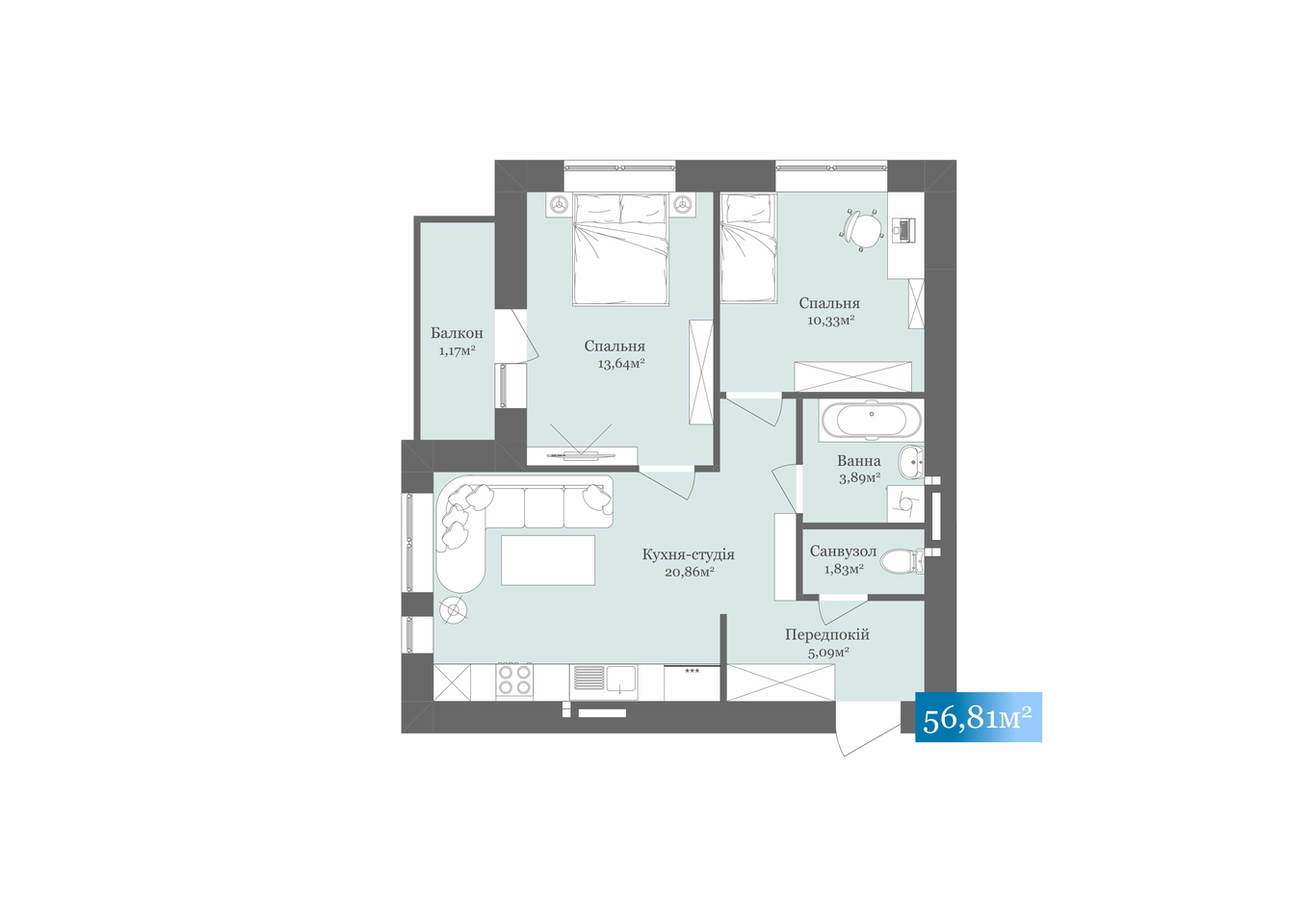 2-кімнатна 56.81 м² в ЖК West Towers від 16 800 грн/м², Ужгород