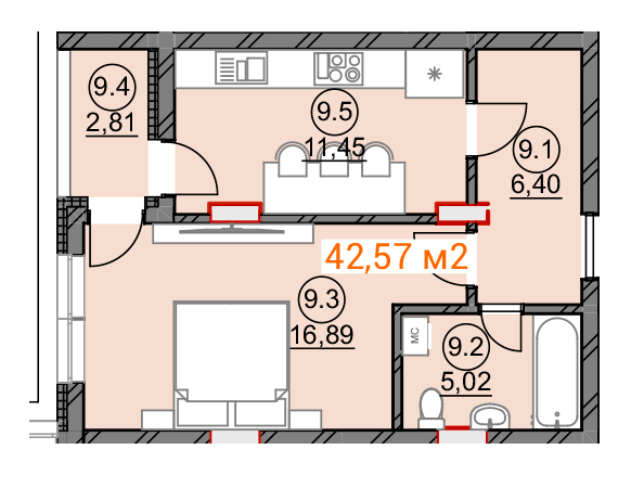 1-комнатная 42.57 м² в ЖК Подгорный от 23 950 грн/м², Ужгород