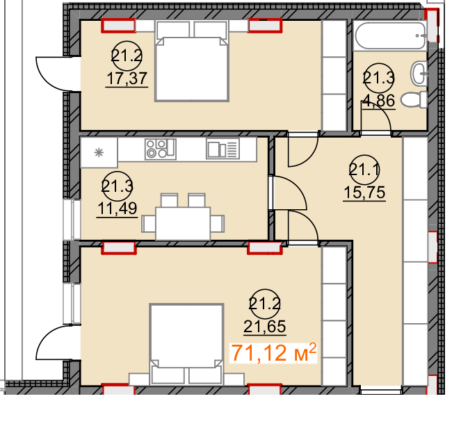 2-кімнатна 71.12 м² в ЖК Підгірний від 24 600 грн/м², Ужгород