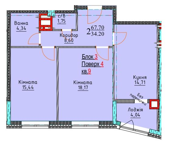 2-кімнатна 67.7 м² в ЖК Водограй від 25 400 грн/м², Чернівці