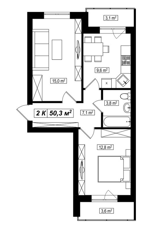 2-комнатная 50.3 м² в ЖК Амстердам от 13 900 грн/м², с. Белогородка