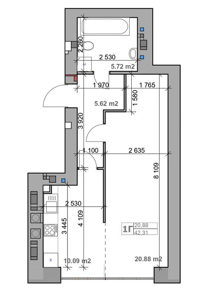 1-кімнатна 42.31 м² в ЖК Рідний від 29 750 грн/м², с. Гатне