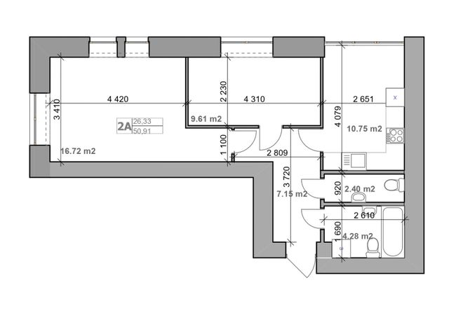 2-кімнатна 50.91 м² в ЖК Рідний від 28 000 грн/м², с. Гатне