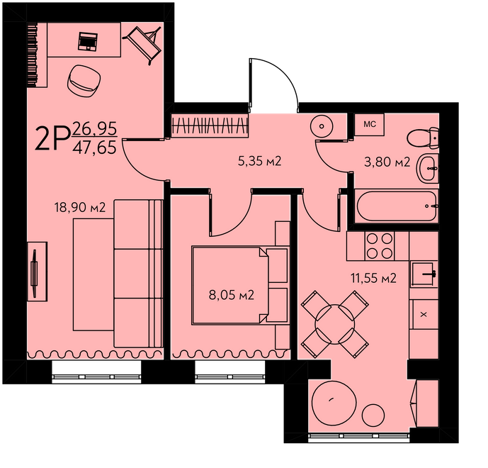 2-комнатная 47.65 м² в ЖК Молодежный городок от 17 000 грн/м², с. Крюковщина