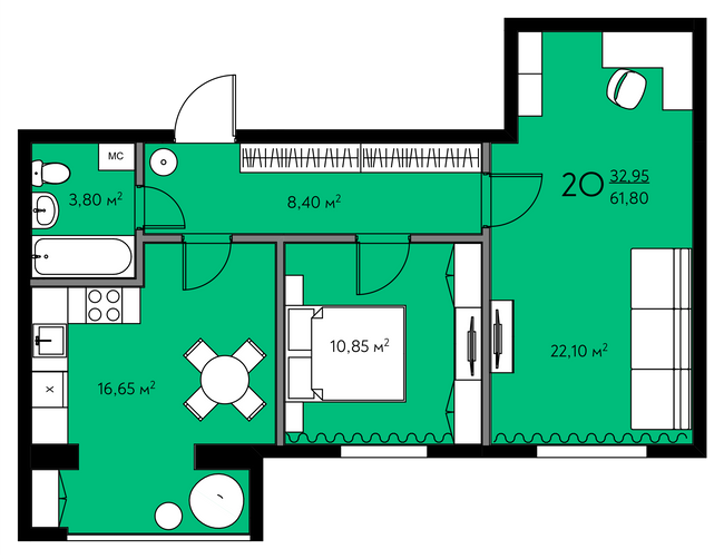 2-комнатная 61.8 м² в ЖК Молодежный городок от 16 000 грн/м², с. Крюковщина