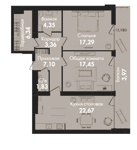 2-кімнатна 84.36 м² в ЖК Кокос Авеню від 13 500 грн/м², м. Южне