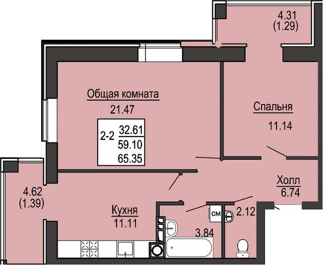 2-комнатная 65.35 м² в ЖК Софиевская сфера от 19 000 грн/м², с. Софиевская Борщаговка
