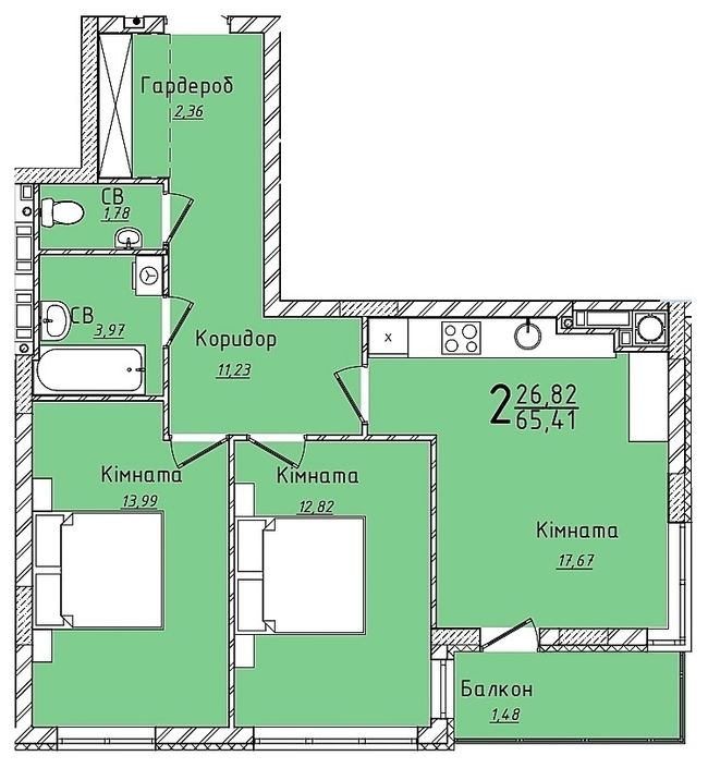 2-кімнатна 65.41 м² в ЖК Континент від 27 000 грн/м², с. Сокільники