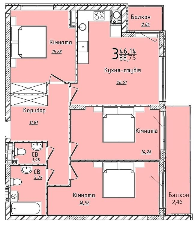 3-кімнатна 88.75 м² в ЖК Континент від 24 000 грн/м², с. Сокільники