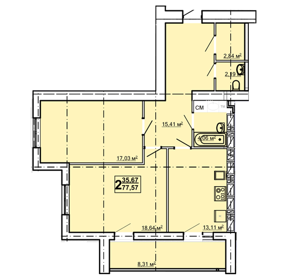 2-кімнатна 77.57 м² в ЖК Луч від 14 800 грн/м², Харків