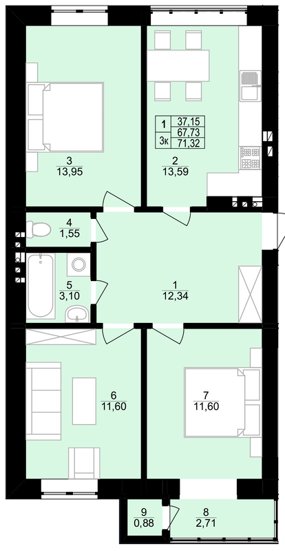 3-кімнатна 71.32 м² в ЖК Грушевського від 14 650 грн/м², м. Винники