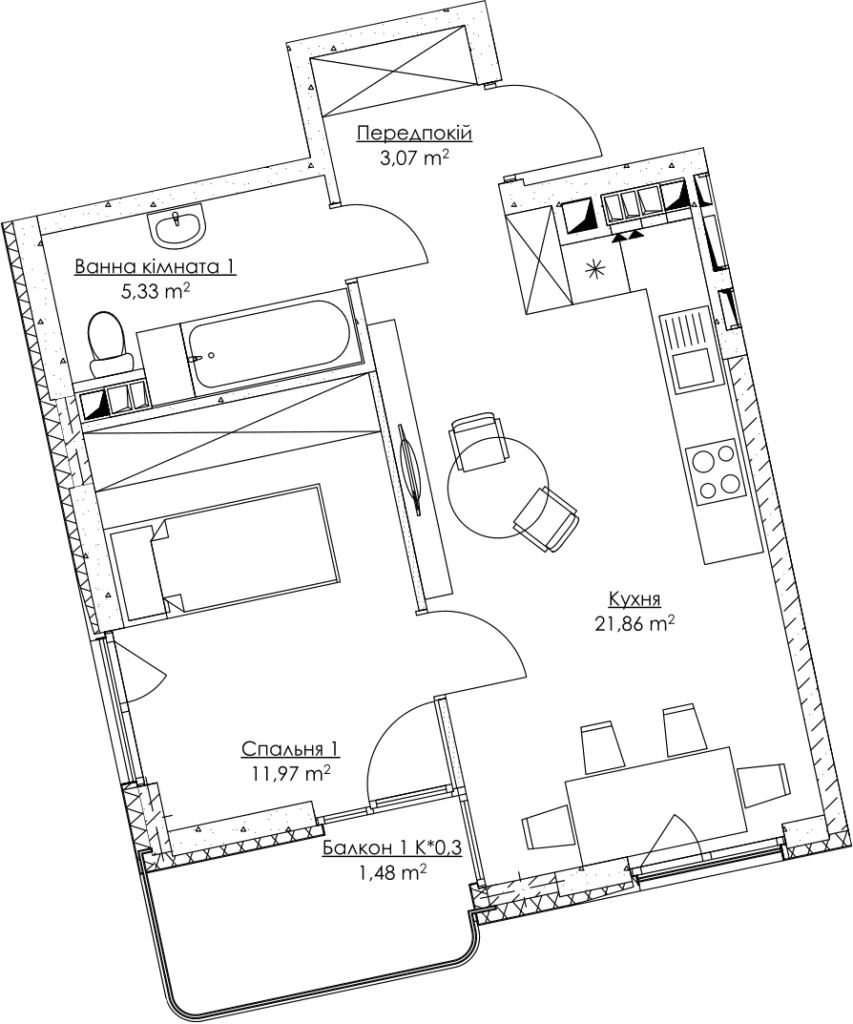 1-комнатная 43.71 м² в ЖК O2 Residence от 24 839 грн/м², Киев