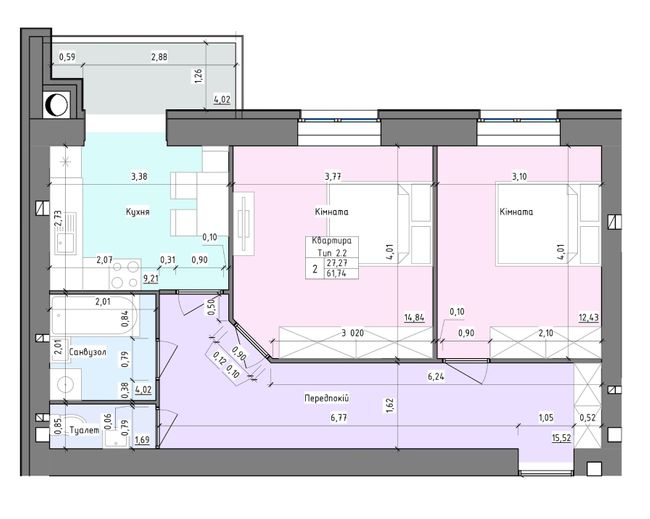 2-кімнатна 61.74 м² в ЖК Барви від 13 000 грн/м², Хмельницький