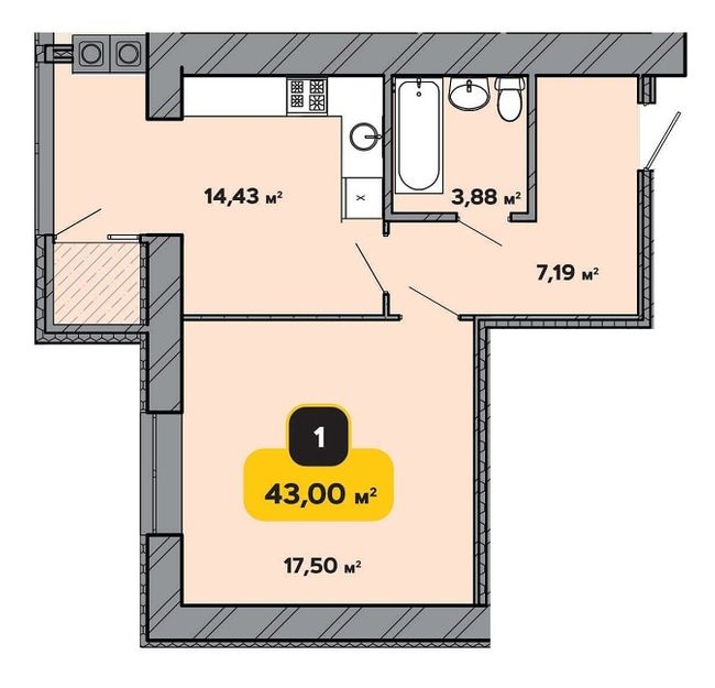 1-комнатная 43 м² в ЖК Студенческий от 16 500 грн/м², Хмельницкий