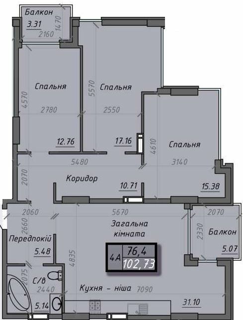 4-кімнатна 102.73 м² в ЖК Iceberg від 17 100 грн/м², Суми