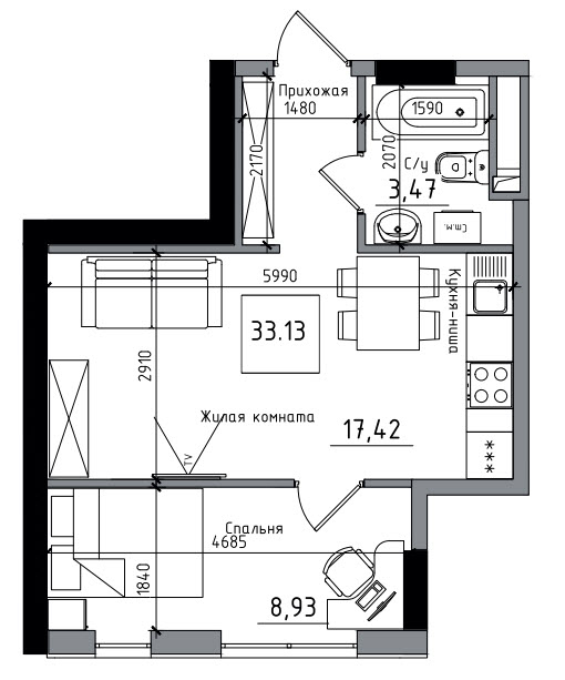 1-комнатная 33.13 м² в ЖГ ARTVILLE от 18 150 грн/м², пгт Авангард