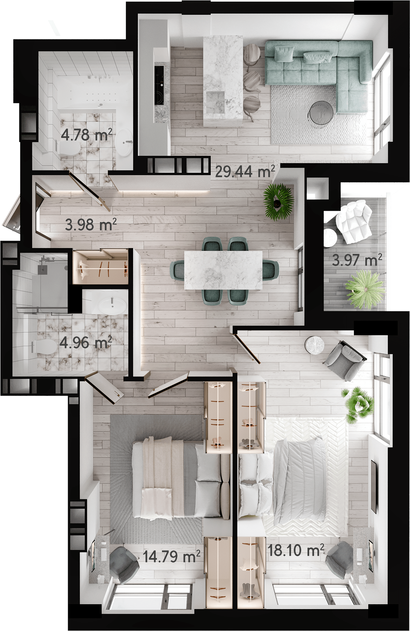 2-комнатная планировка квартиры 78.77 м² в ЖК GENEVE, Днепр — Domik.ua