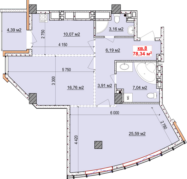 2-комнатная 78.34 м² в ЖК Славия от застройщика, Днепр