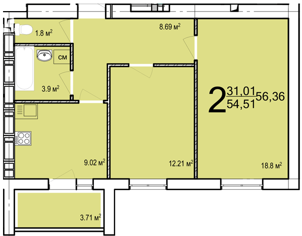 2-кімнатна 54.51 м² в ЖК Пташка від 14 000 грн/м², Харків