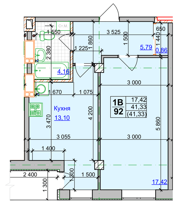 1-кімнатна 41.33 м² в ЖК Спортивний від 21 300 грн/м², Харків