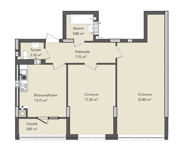 2-кімнатна 73.65 м² в ЖК Комфорт Плюс від 15 200 грн/м², м. Дубляни