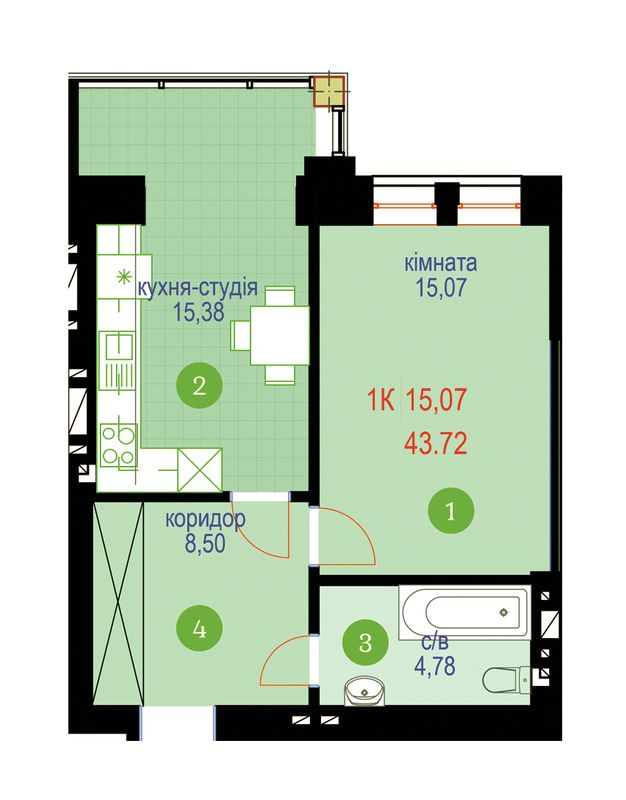 1-кімнатна 43.72 м² в ЖК Затишний від 13 200 грн/м², Івано-Франківськ