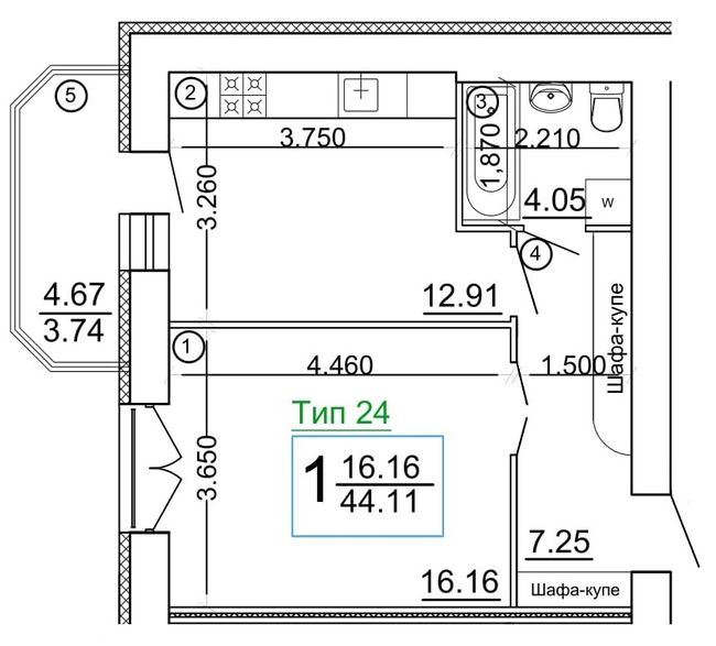 1-комнатная 44.11 м² в Мкрн Академический от 18 800 грн/м², Винница