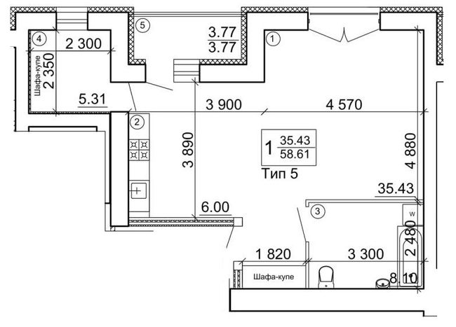 1-кімнатна 58.61 м² в Мкрн Академічний від 18 800 грн/м², Вінниця