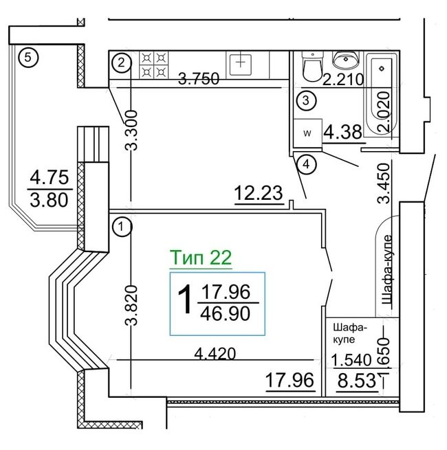 1-комнатная 46.9 м² в Мкрн Академический от 18 800 грн/м², Винница