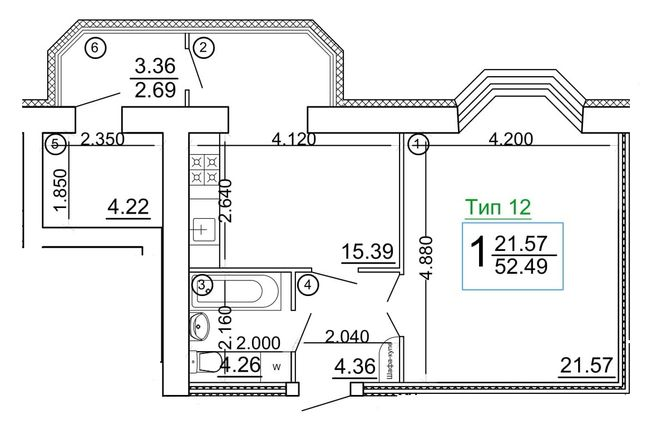 1-комнатная 52.49 м² в Мкрн Академический от 18 800 грн/м², Винница