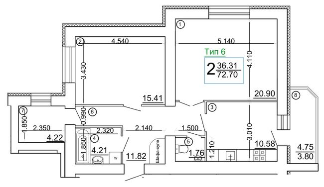 2-комнатная 72.7 м² в Мкрн Академический от 19 300 грн/м², Винница