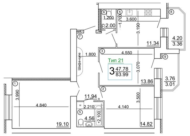 3-комнатная 83.99 м² в Мкрн Академический от 15 800 грн/м², Винница