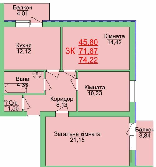 3-кімнатна 74.22 м² в ЖК Зелена оаза від 15 000 грн/м², Херсон