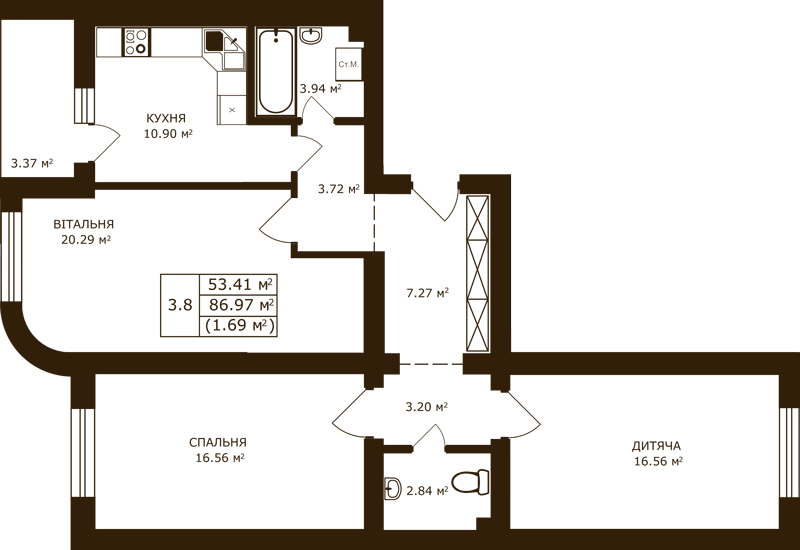 3-кімнатна 86.69 м² в ЖК Чайка від 16 000 грн/м², с. Чайки