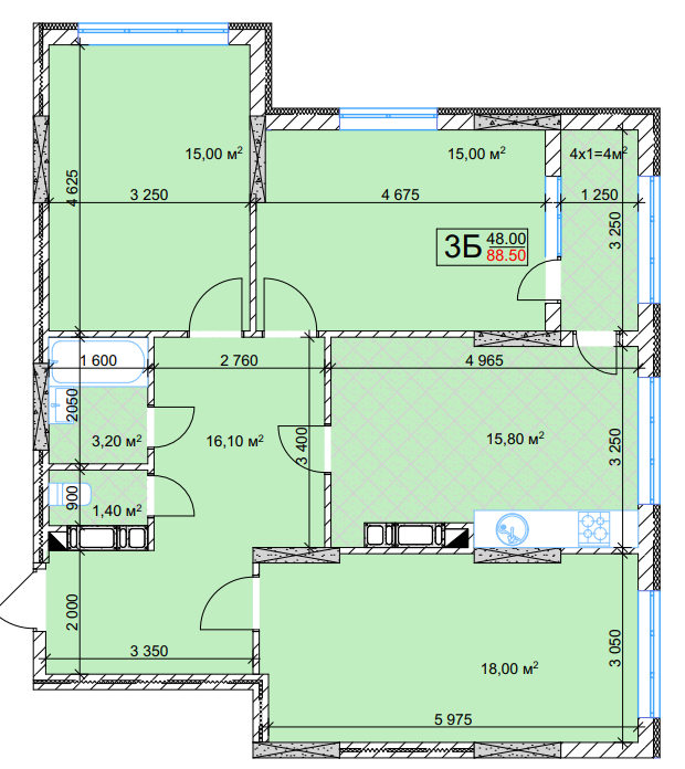 3-комнатная 88.5 м² в ЖК Квітень от 18 000 грн/м², Киев