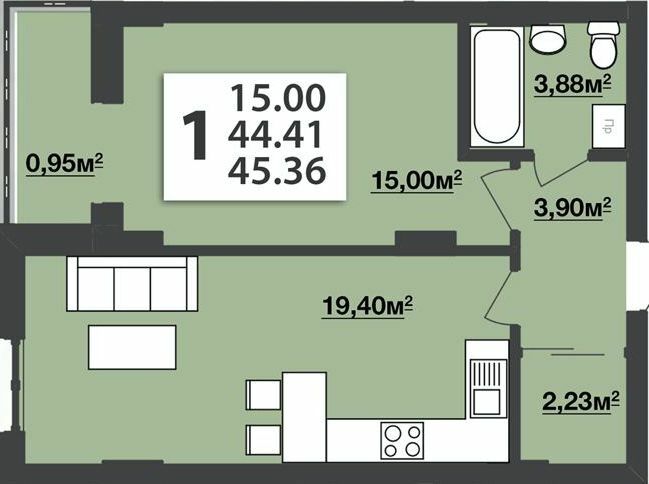 1-кімнатна 45.36 м² в ЖК М'ята Авеню від 19 800 грн/м², м. Винники