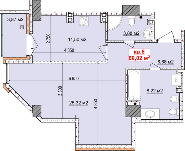 1-кімнатна 60.02 м² в ЖК Славія від забудовника, Дніпро