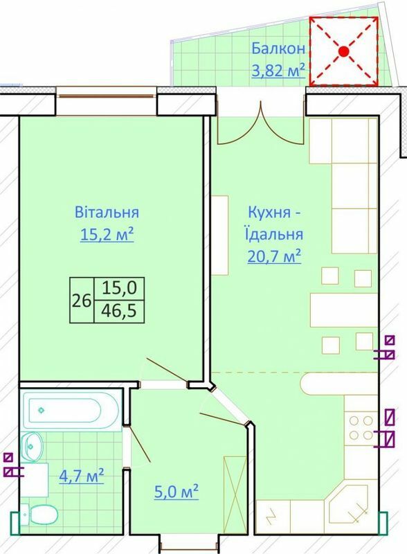 1-кімнатна 46.5 м² в КБ Довбуш від 23 050 грн/м², м. Трускавець
