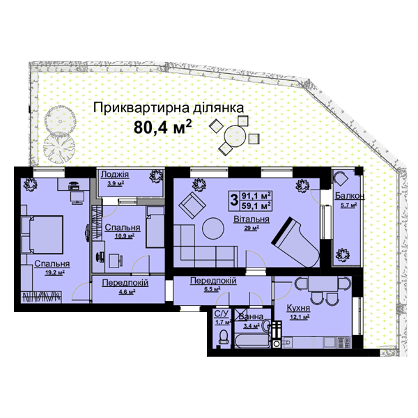 3-кімнатна 91.1 м² в ЖК Vlasna від 22 000 грн/м², с. Ходосівка