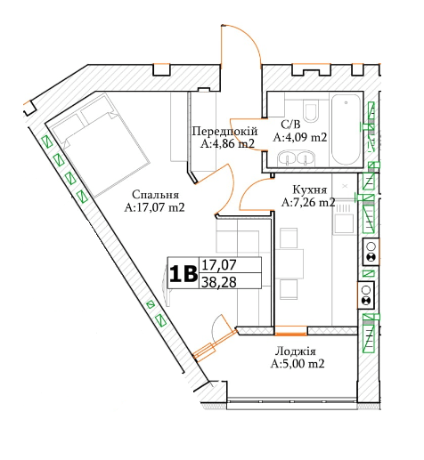 1-кімнатна 38.28 м² в ЖК Green Life-3 від 23 250 грн/м², м. Ірпінь