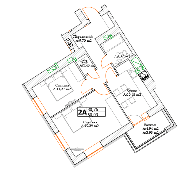 2-комнатная 60.09 м² в ЖК Green Life-3 от 25 850 грн/м², г. Ирпень