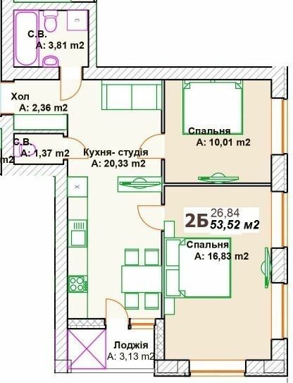 2-комнатная 53.52 м² в ЖК Премиальный от 21 000 грн/м², г. Ирпень