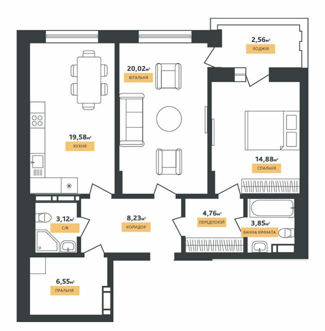 2-комнатная 83.55 м² в КД LA MANCHE от 63 450 грн/м², Киев