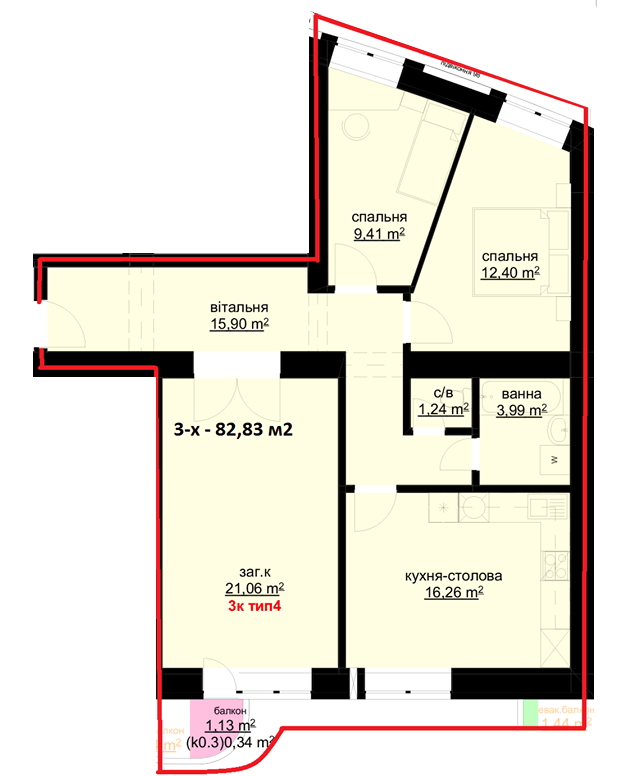 3-кімнатна 82.83 м² в ЖК Набережний від 25 000 грн/м², м. Біла Церква