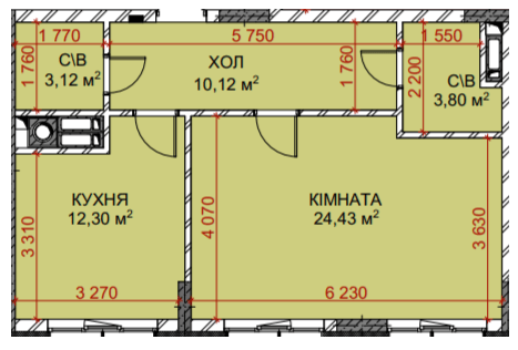 1-кімнатна 53.77 м² в ЖК Riverside від 34 500 грн/м², с. Погреби