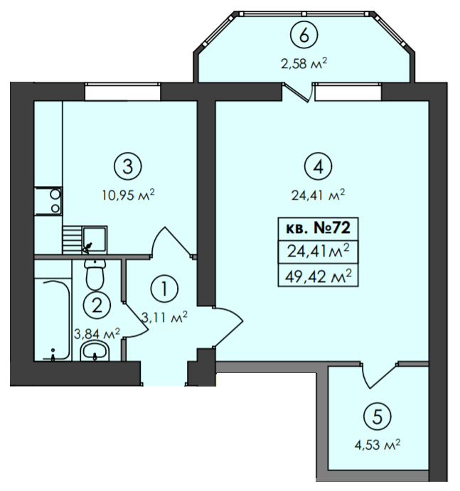 1-комнатная 49.42 м² в ЖК Family-2 от 18 100 грн/м², с. Гатное