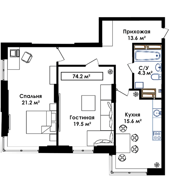 2-комнатная 74.2 м² в ЖК Янтарный от 17 350 грн/м², с. Иличанка